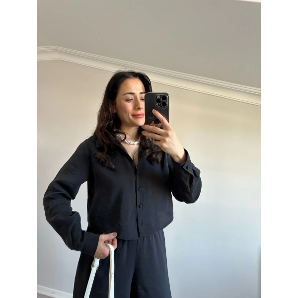 Tensel Kumaş Crop Gömlekli Takım