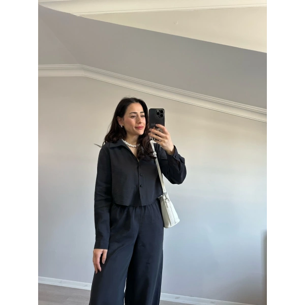 Tensel Kumaş Crop Gömlekli Takım