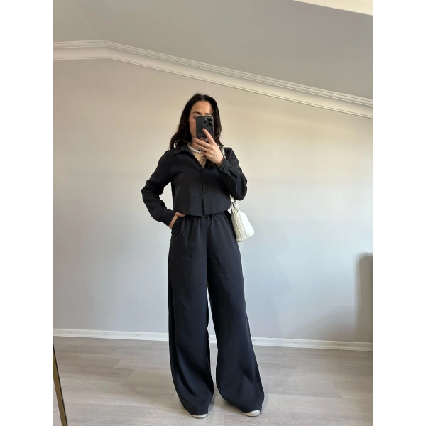 Tensel Kumaş Crop Gömlekli Takım