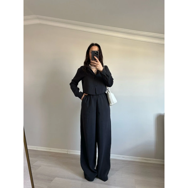 Tensel Kumaş Crop Gömlekli Takım