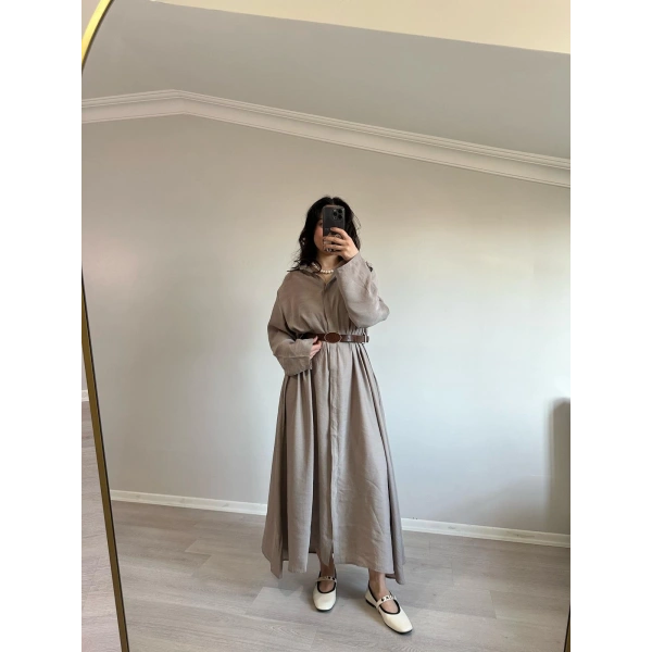 Tensel Kumaş Kemerli Gömlek Elbise