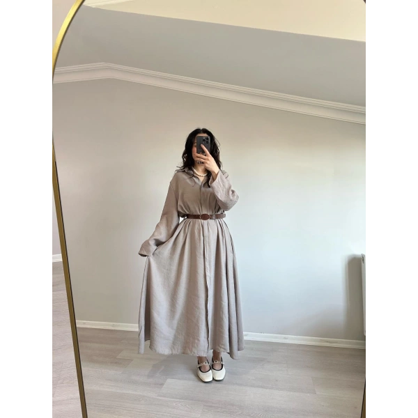 Tensel Kumaş Kemerli Gömlek Elbise