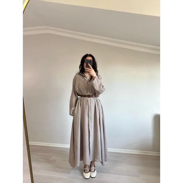 Tensel Kumaş Kemerli Gömlek Elbise