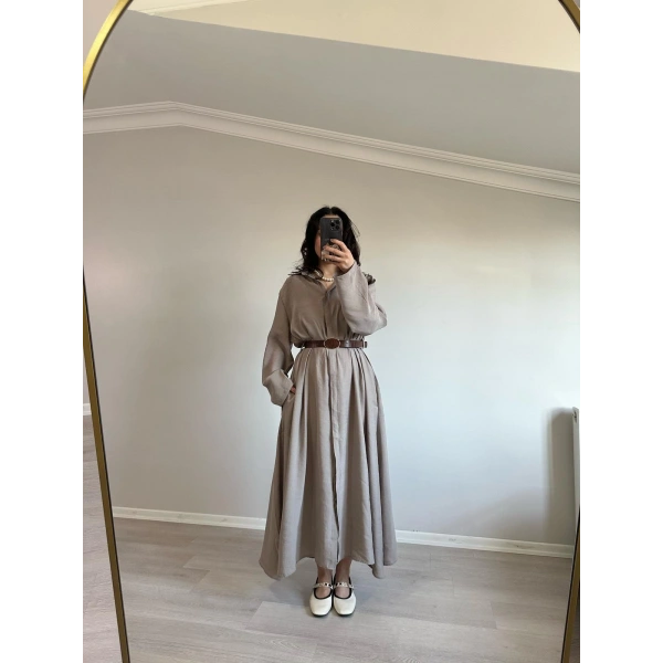 Tensel Kumaş Kemerli Gömlek Elbise