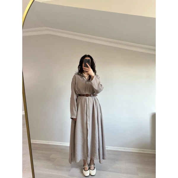 Tensel Kumaş Kemerli Gömlek Elbise