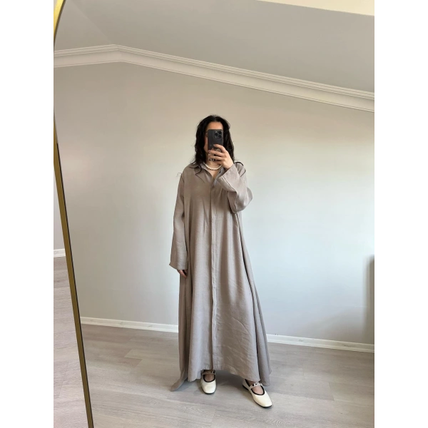 Tensel Kumaş Kemerli Gömlek Elbise