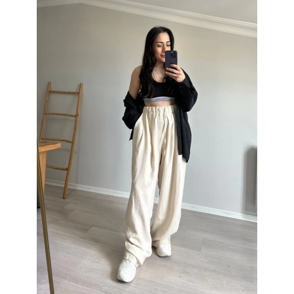 Tensel Kumaş Bol Pantolon Krem