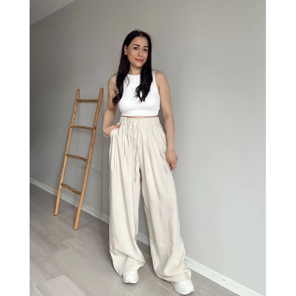 Tensel Kumaş Bol Pantolon Krem