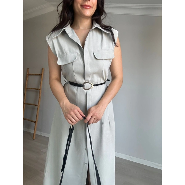 Tensel Kumaş Sıfır Kol Elbise