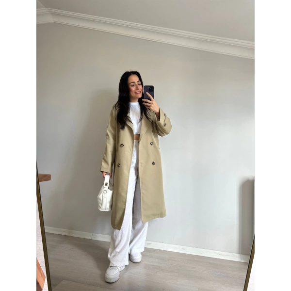 Yeşil Kemerli Astarlı Trençkot