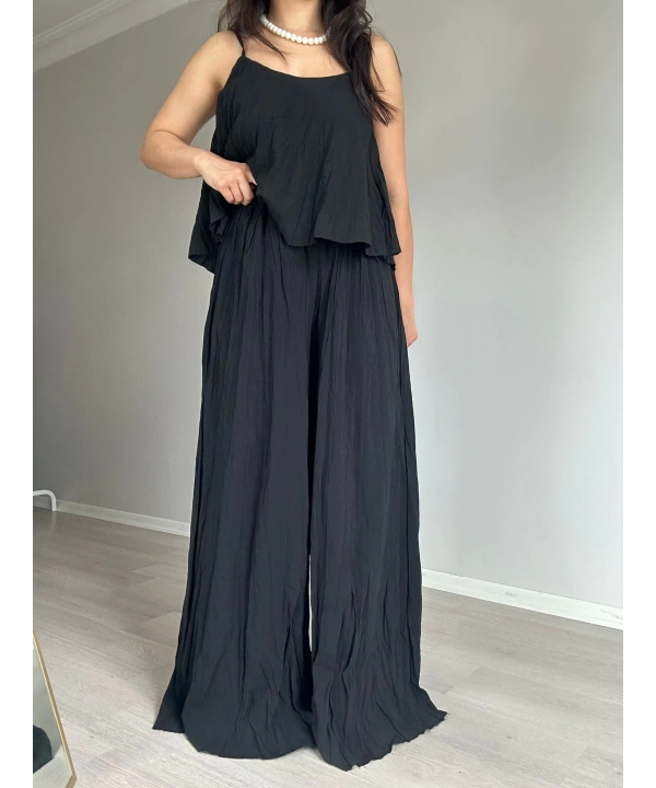 Askılı Kırışık Kumaş Pantolon Takım Siyah