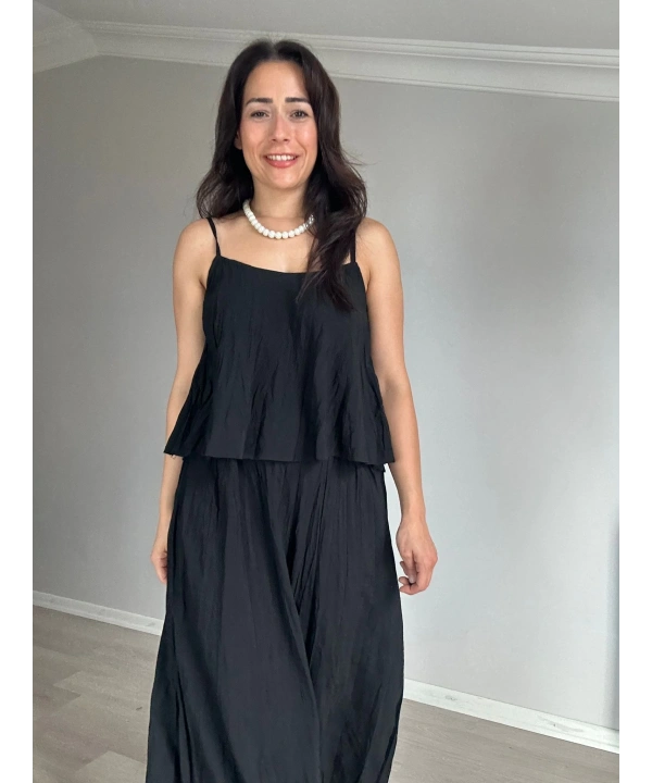 Askılı Kırışık Kumaş Pantolon Takım Siyah