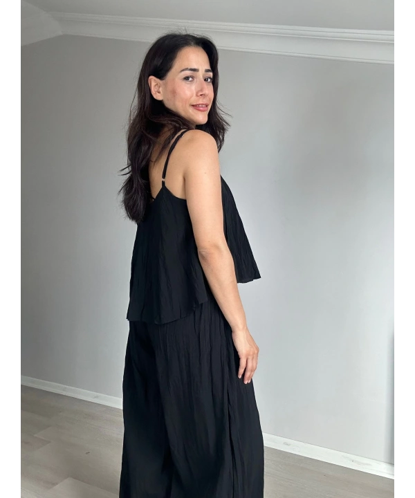 Askılı Kırışık Kumaş Pantolon Takım Siyah