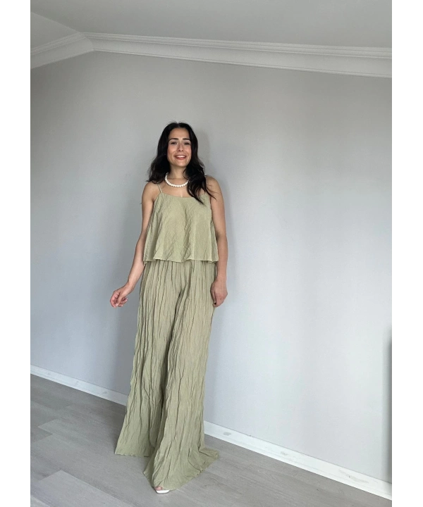 Askılı Kırışık Kumaş Pantolon Takım Yeşil