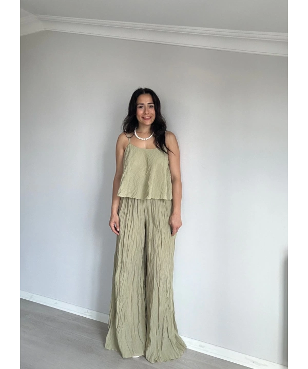 Askılı Kırışık Kumaş Pantolon Takım Yeşil