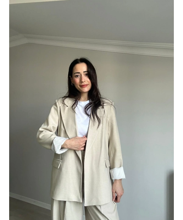 Astarı Çizgili Blazer Ceket Bej