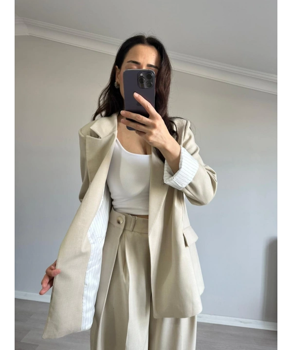 Astarı Çizgili Blazer Ceket Bej