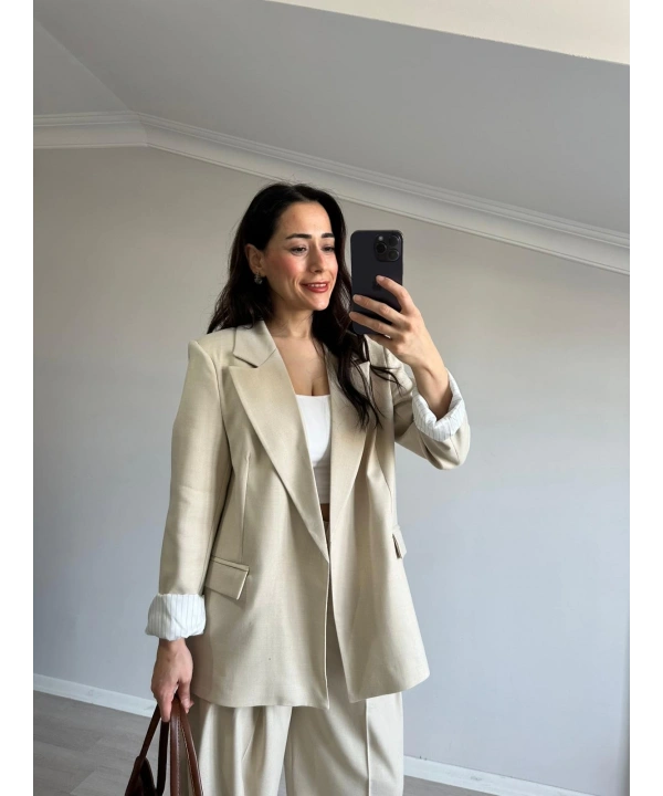 Astarı Çizgili Blazer Ceket Bej