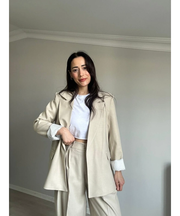 Astarı Çizgili Blazer Ceket Bej