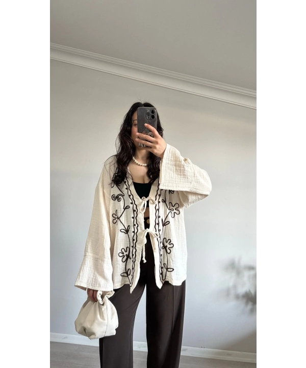 Çiçek Desen Müslin Kimono Bej