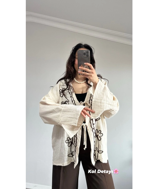 Çiçek Desen Müslin Kimono Bej