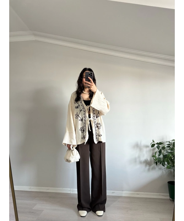 Çiçek Desen Müslin Kimono Bej