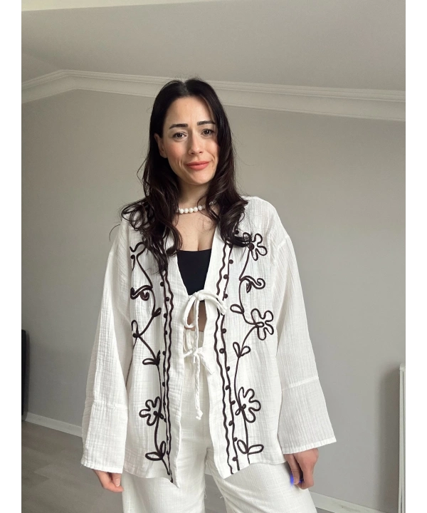 Çiçek Desen Müslin Kimono Beyaz