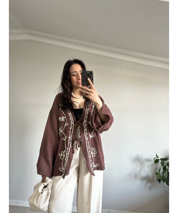 Çiçek Desen Müslin Kimono Kahve