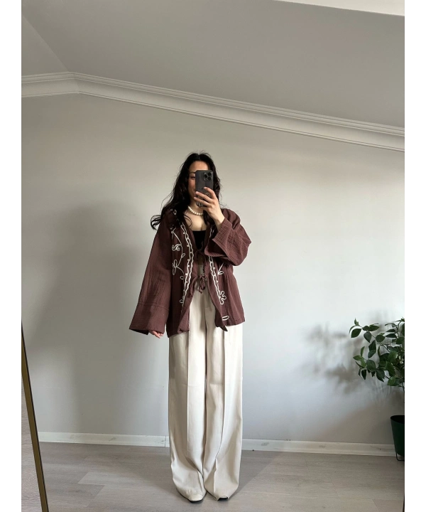 Çiçek Desen Müslin Kimono Kahve
