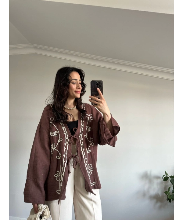 Çiçek Desen Müslin Kimono Kahve