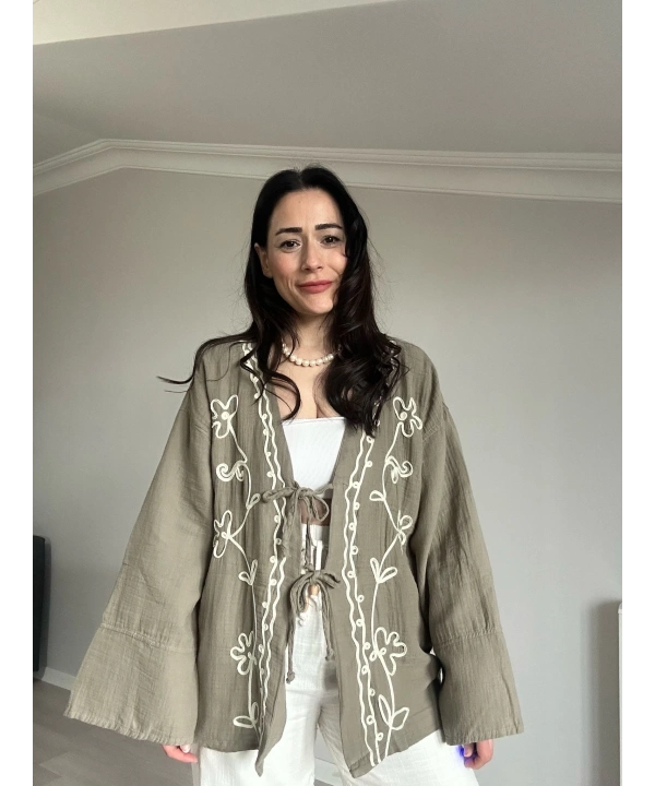 Çiçek Desen Müslin Kimono Yeşil