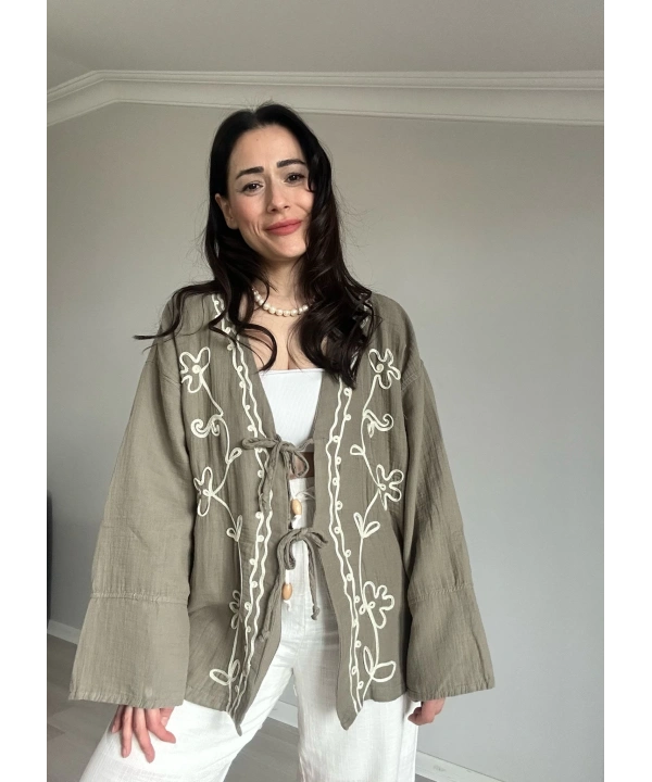 Çiçek Desen Müslin Kimono Yeşil