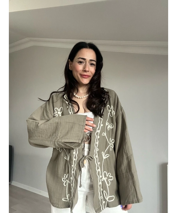Çiçek Desen Müslin Kimono Yeşil