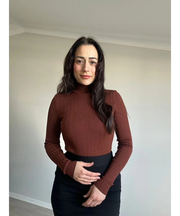 Fitilli Yarım Balıkçı Kahve Triko Badi