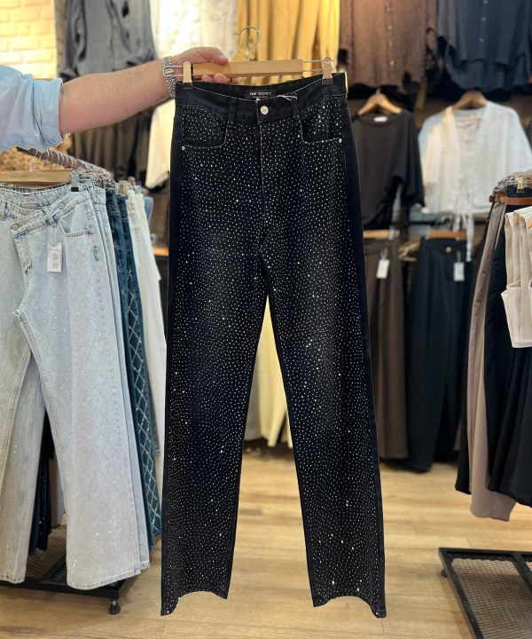Füme Taşlı Wide Leg Kot Pantolon