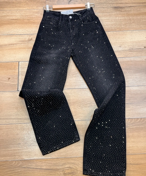 Füme Taşlı Wide Leg Kot Pantolon