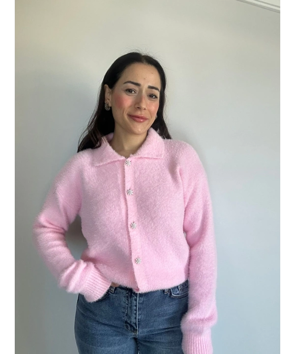İnci Düğmeli Triko Hırka Pembe