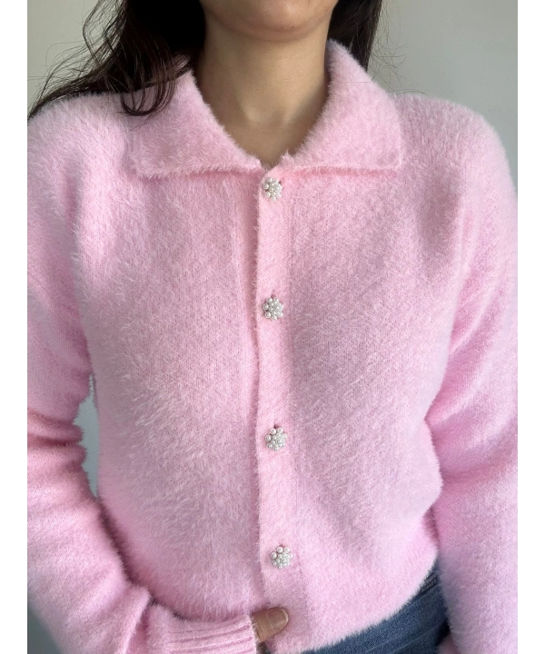 İnci Düğmeli Triko Hırka Pembe