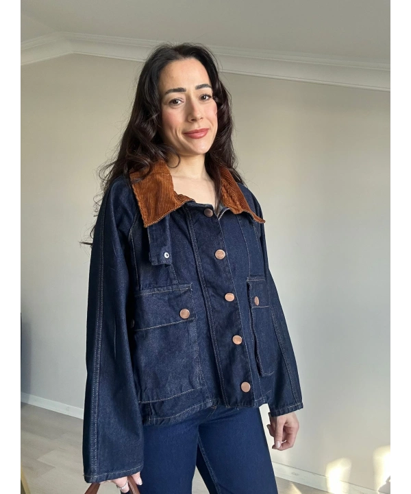 Kadife Yaka Detaylı Kot Ceket