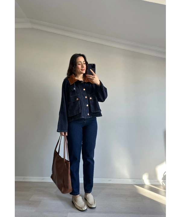 Kadife Yaka Detaylı Kot Ceket