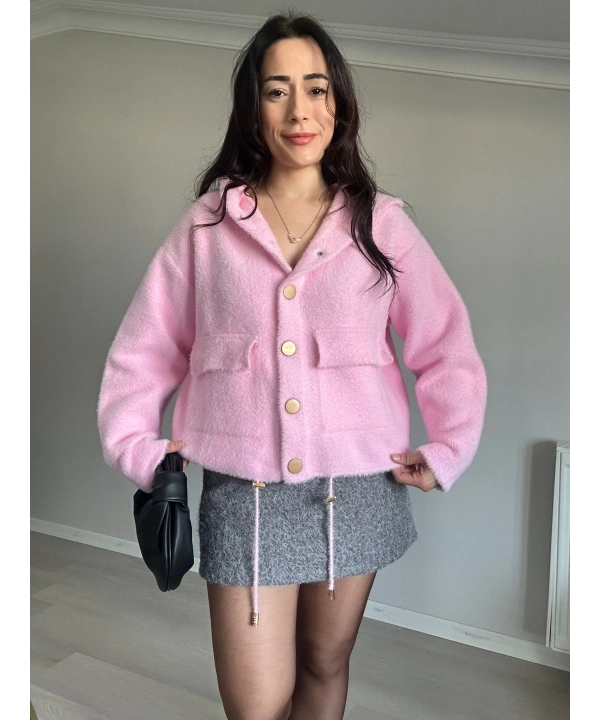 Kapüşonlu Cepli Yumoş Ceket Pembe