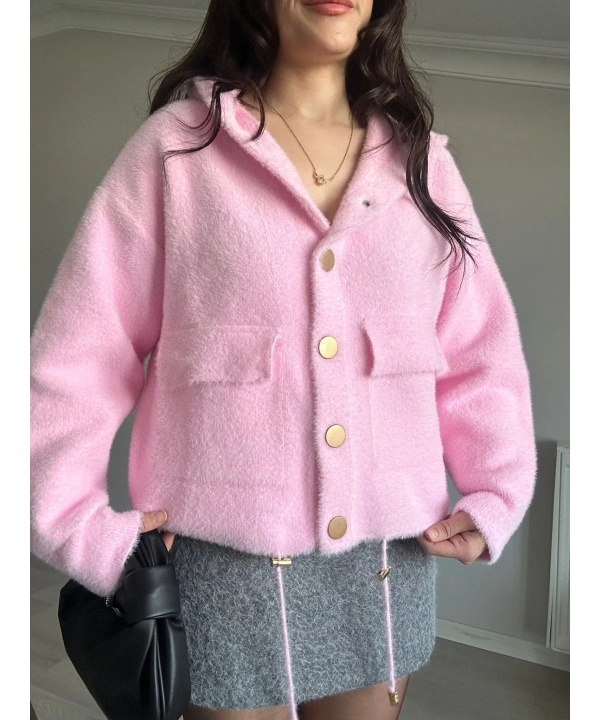 Kapüşonlu Cepli Yumoş Ceket Pembe