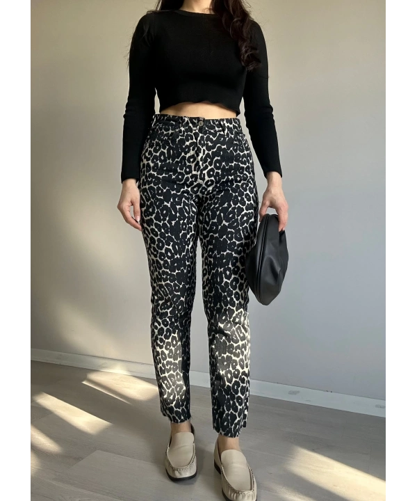 Likralı Leopar Desen Boru Paça Jean