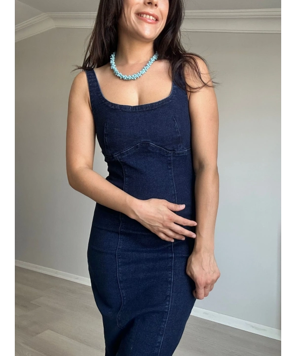 Midi Boy Yırtmaçlı Denim Elbise