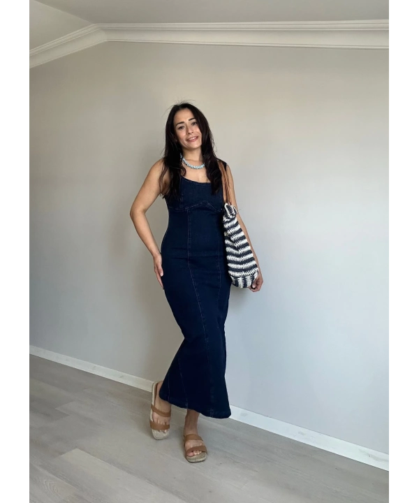 Midi Boy Yırtmaçlı Denim Elbise