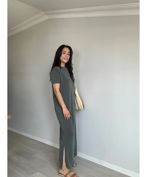 Modal Kumaş Basic Elbise Yeşil
