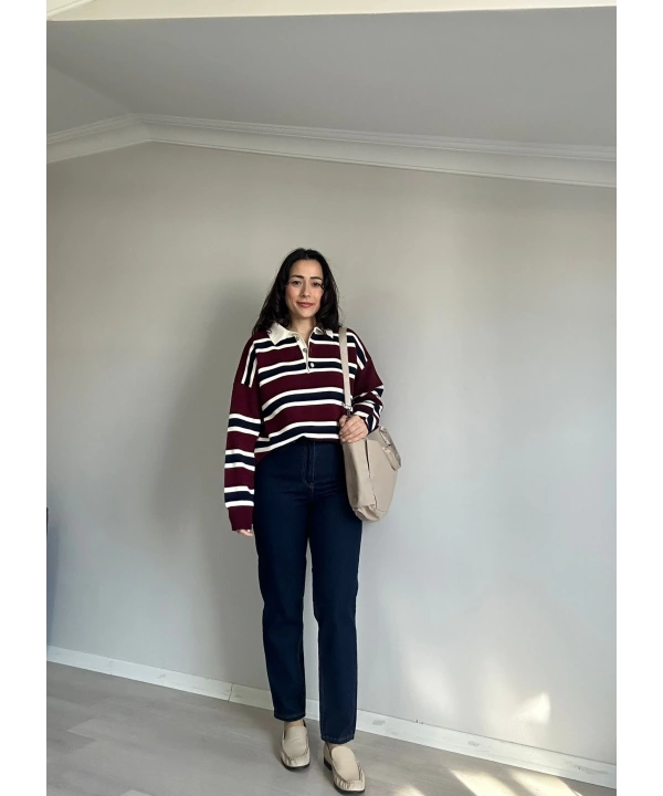 Polo Yaka Çizgili Kazak
