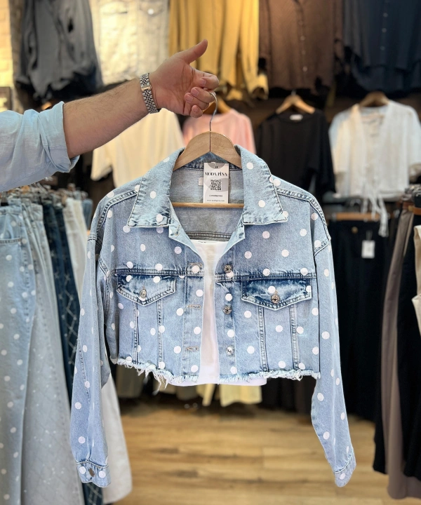 Puantiyeli Oversize Crop Kot Ceket - Buz Mavisi