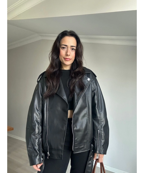Siyah Deri Biker Ceket