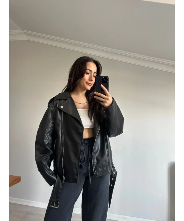 Siyah Deri Biker Ceket